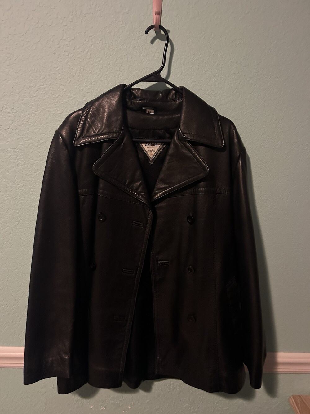 AKASO Women's Black Leather Pea Coat M Mid-Length Lined Button Collared Vintage
